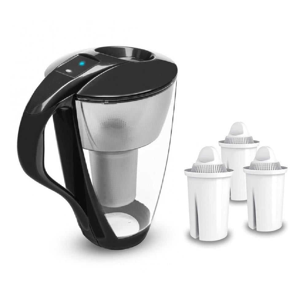 PearlCo Glass Water Filter Jug LED Classic 2 Litre + 3 Cartridges - Black