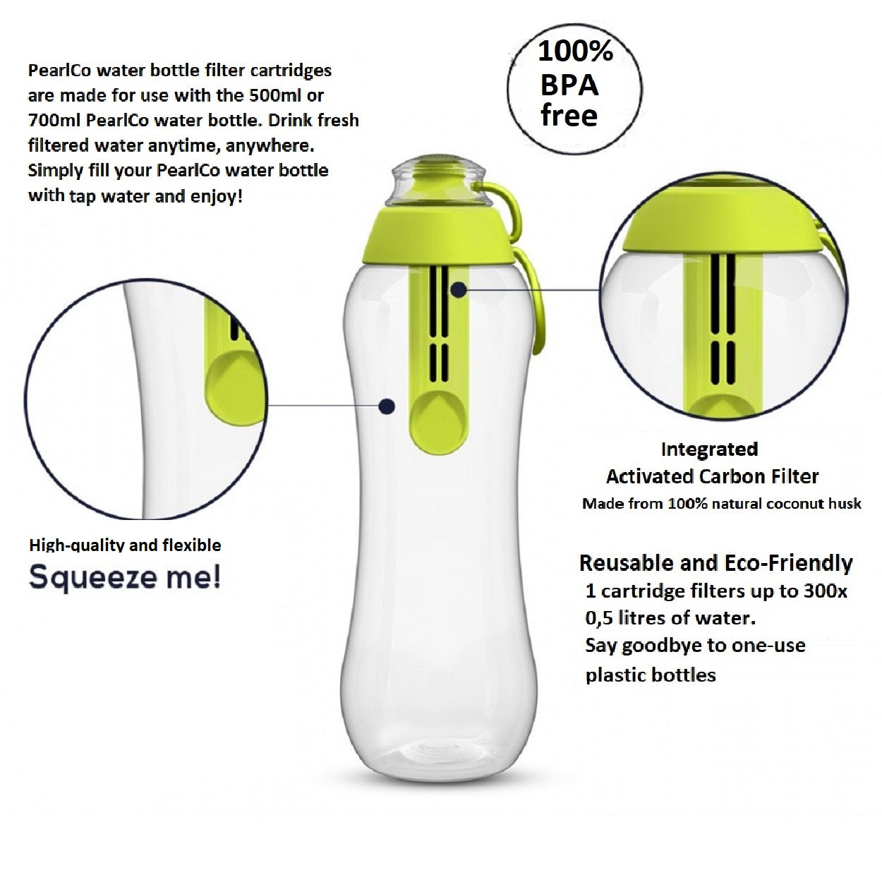 PearlCo Germany Water Bottle & Integrated Purifying Water Filter Cartridge 0,5L Pink