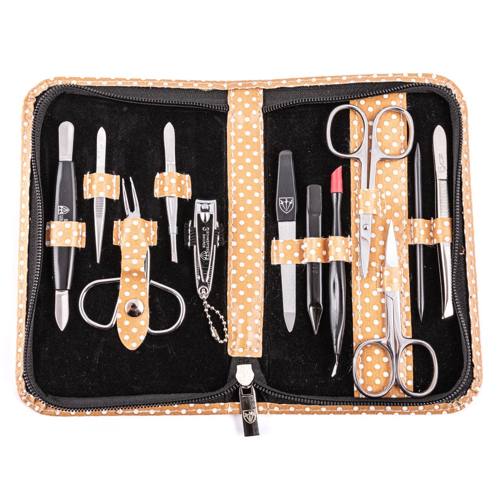 Kellermann 3 Swords Manicure & Pedicure Set | 12-Pieces | Beige Zipped Case with White Spots | V-Savanna Touch