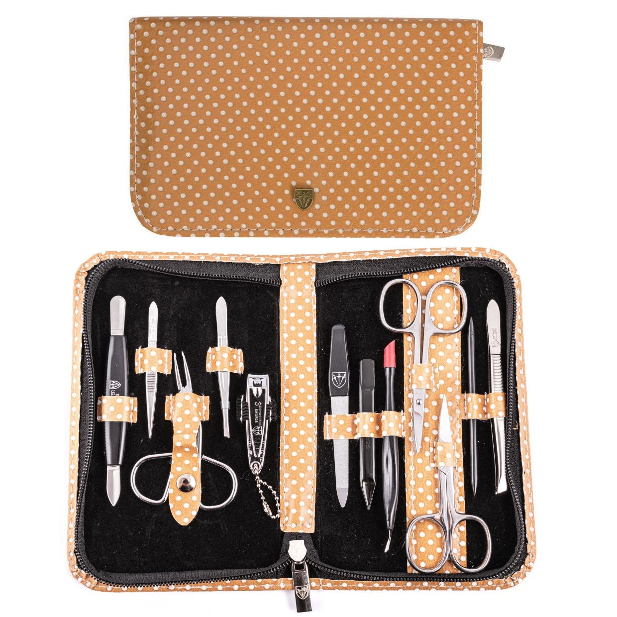 Kellermann 3 Swords Manicure & Pedicure Set | 12-Pieces | Beige Zipped Case with White Spots | V-Savanna Touch