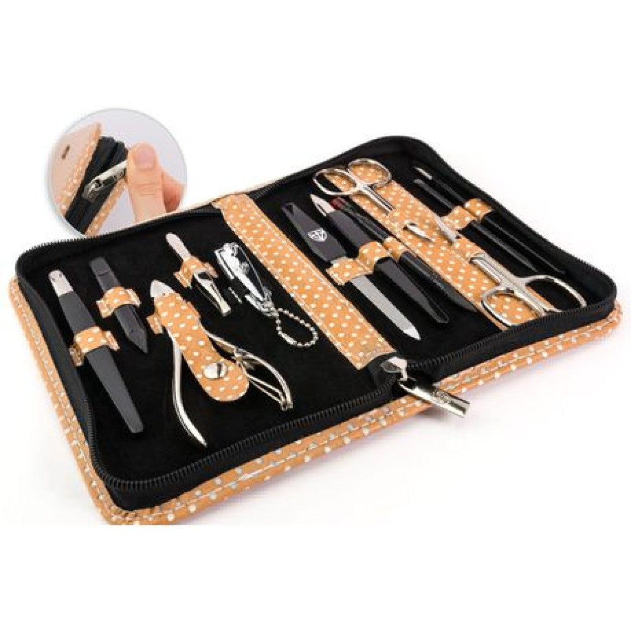 Kellermann 3 Swords Manicure & Pedicure Set | P-Savanna Touch | 12-Pieces | Beige Zipped Case with White Spots
