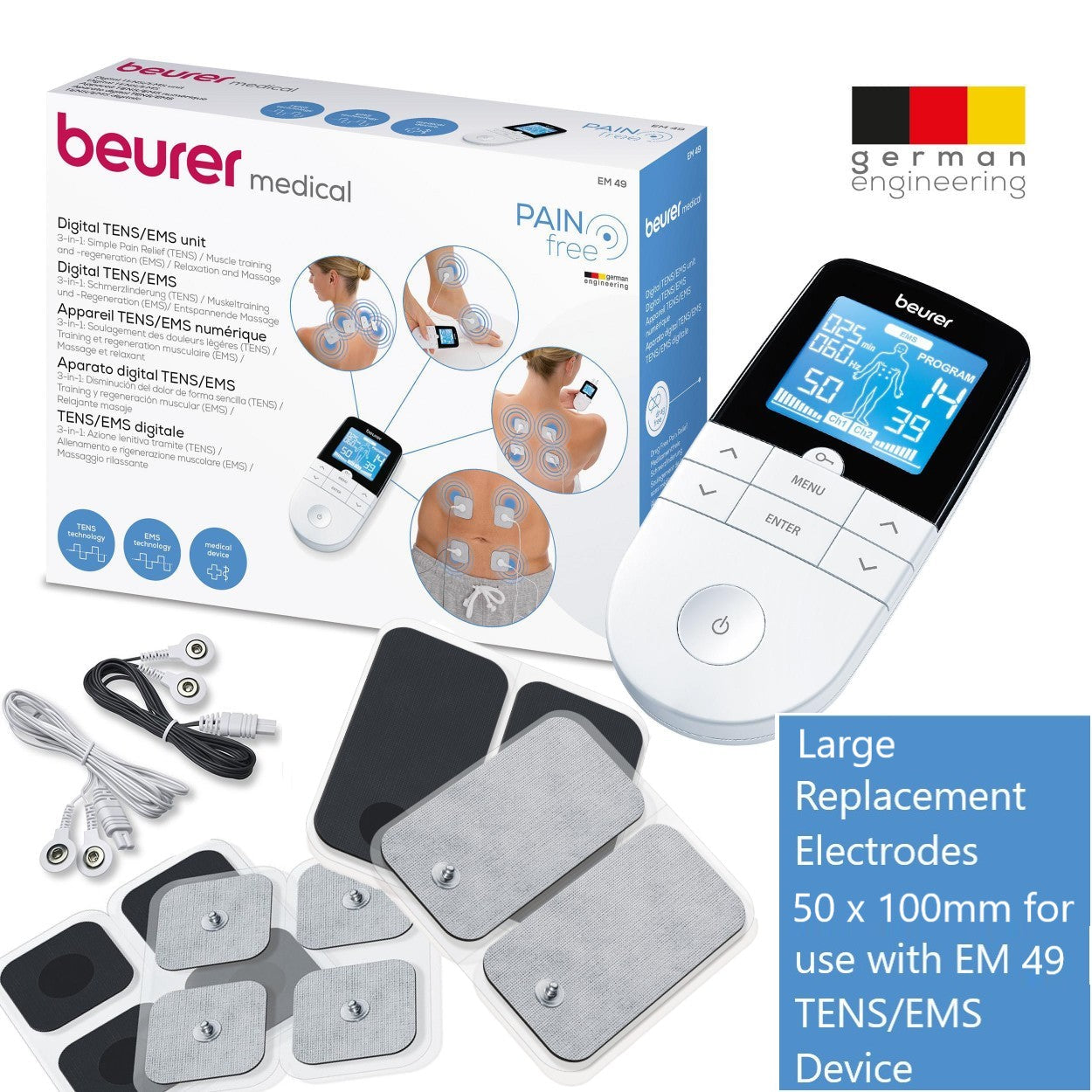 Beurer Replacement Self-Adhesive Electrodes 5x10cm (Large) for use with EM 49, EM 80, and EM 95 TENS/EMS Devices | Set of 4