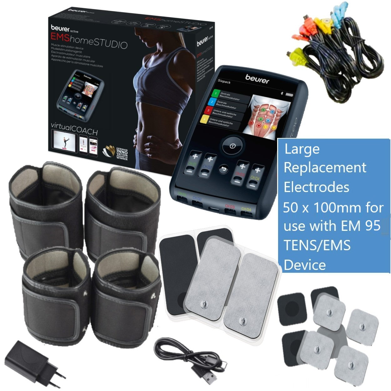 Beurer Replacement Self-Adhesive Electrodes 5x10cm (Large) for use with EM 49, EM 80, and EM 95 TENS/EMS Devices | Set of 4