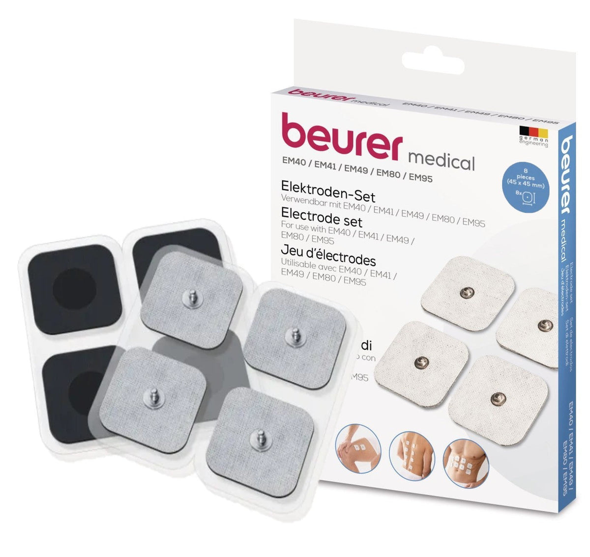 Beurer Replacement Self-Adhesive Electrodes 45x45mm (Small) for use with EM 49, EM 80, and EM 95 TENS/EMS Devices | Set of 8