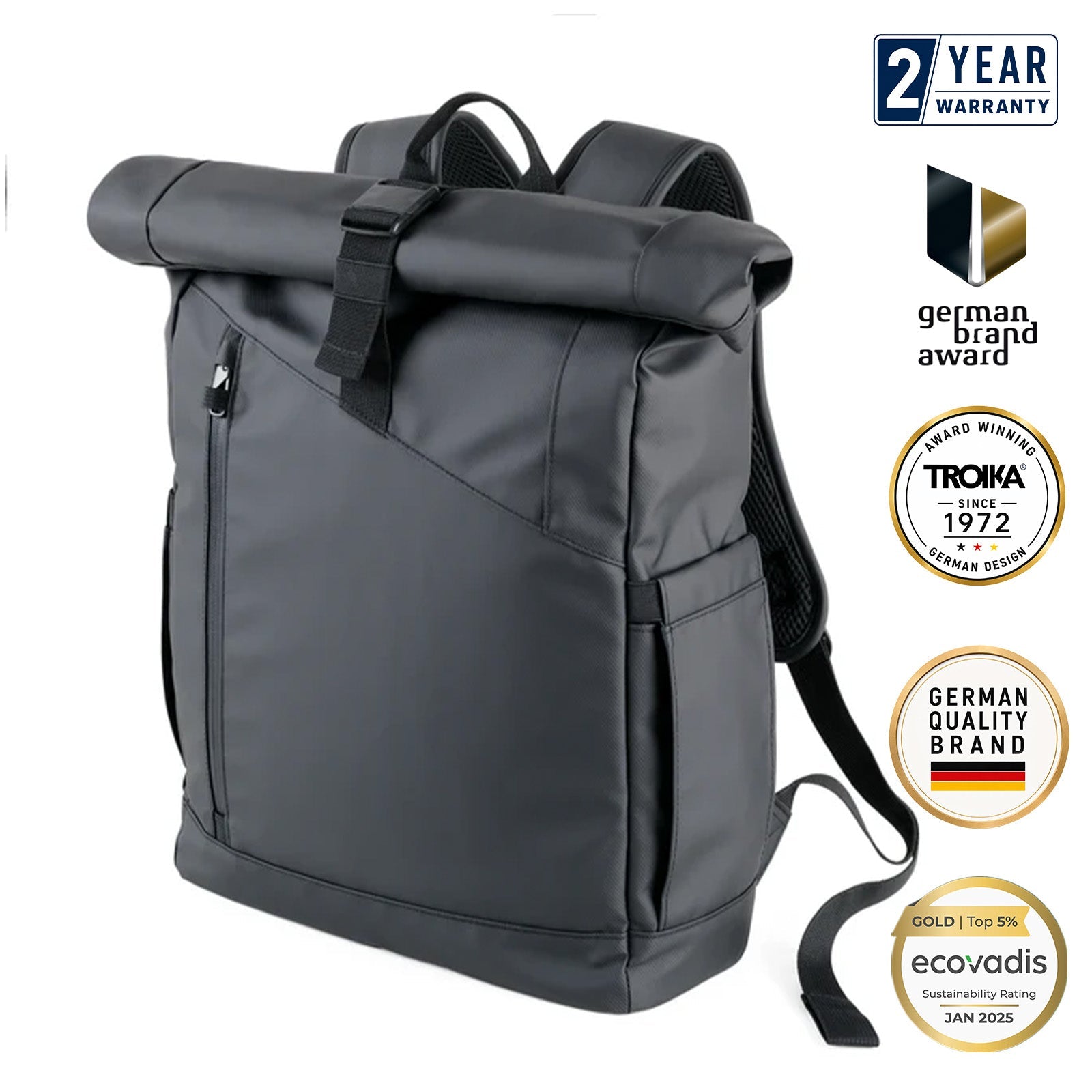 TROIKA Germany 17.5L Roll Top Backpack | AirTag Pocket | Trolley Loop