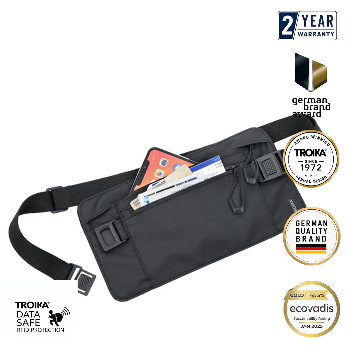 TROIKA Germany RFID Waist Belt Bag | Water-Resistant | Safe Travel | Black