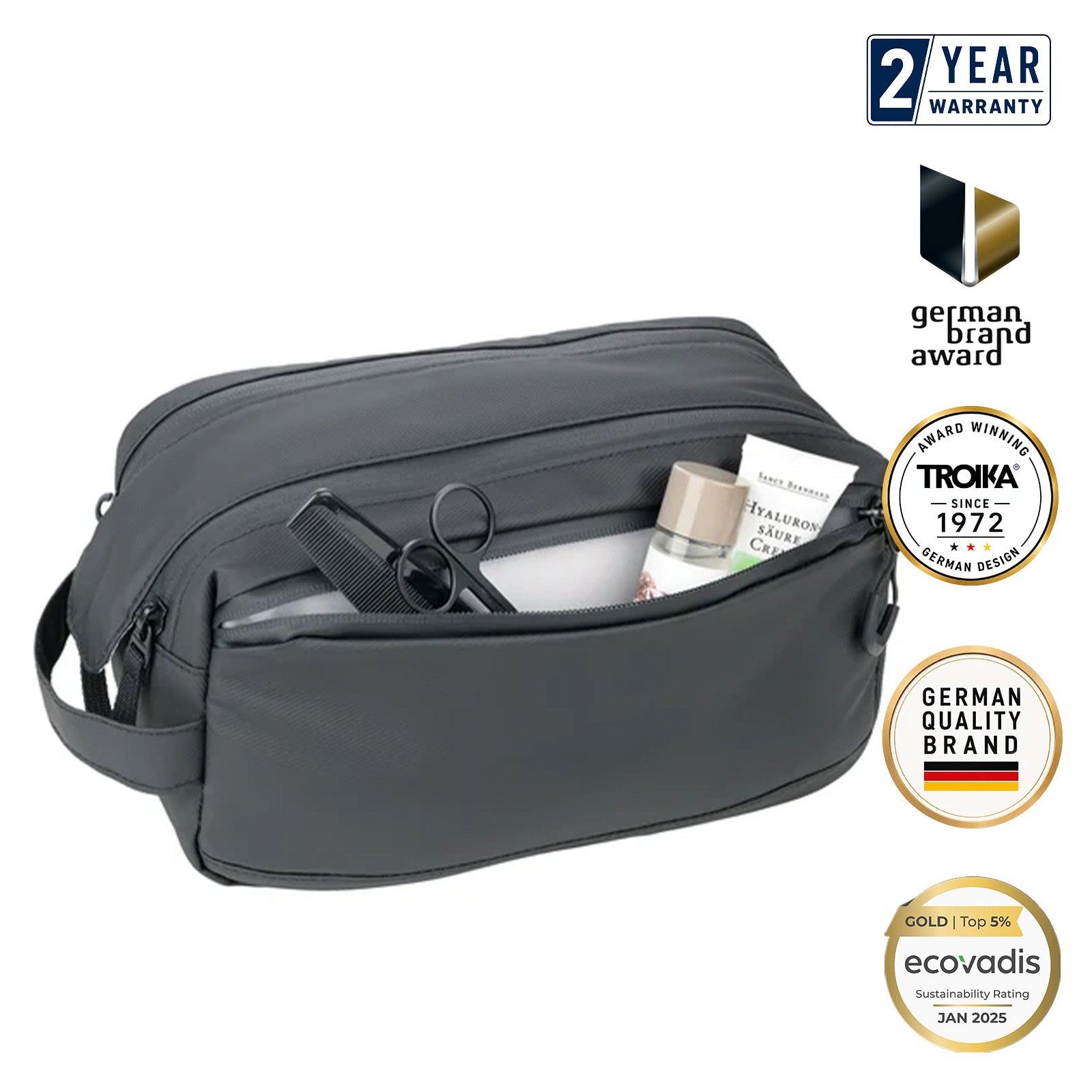 TROIKA Germany Toiletry Bag | Wide Main Compartment | Water-Repellent Black