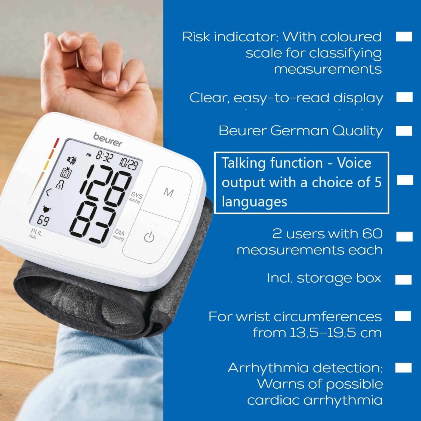 Beurer Germany BC 21 Speaking Wrist Blood Pressure Monitor with Arrhythmia Detection