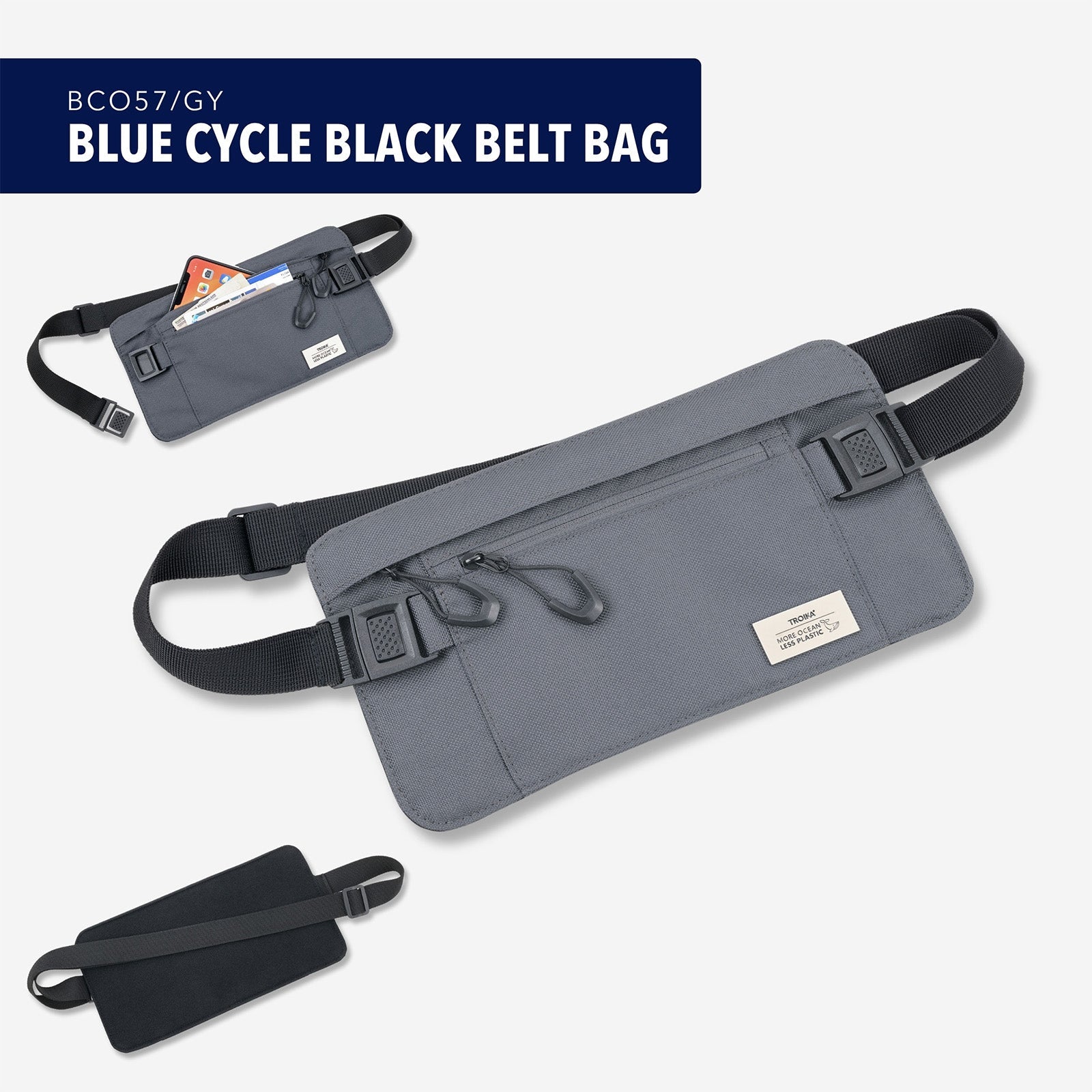 TROIKA Germany RFID Waist Belt Bag | Recycled Ocean Plastic | Travel | Grey