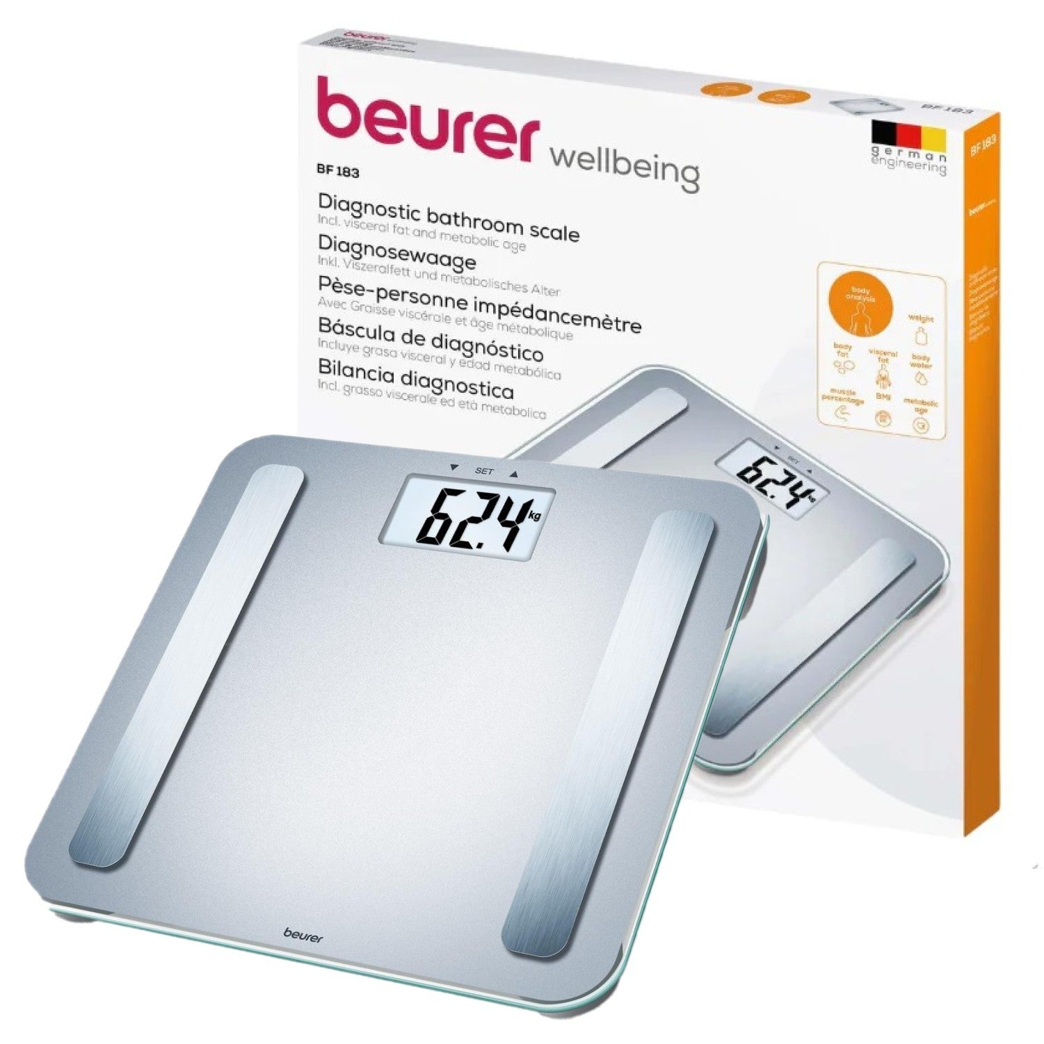 Beurer BF 183 Diagnostic Bathroom Scale for Measurement of Weight, Body Fat, BMI, Muscle Percentage, Visceral Fat & Metabolic Age - Silver