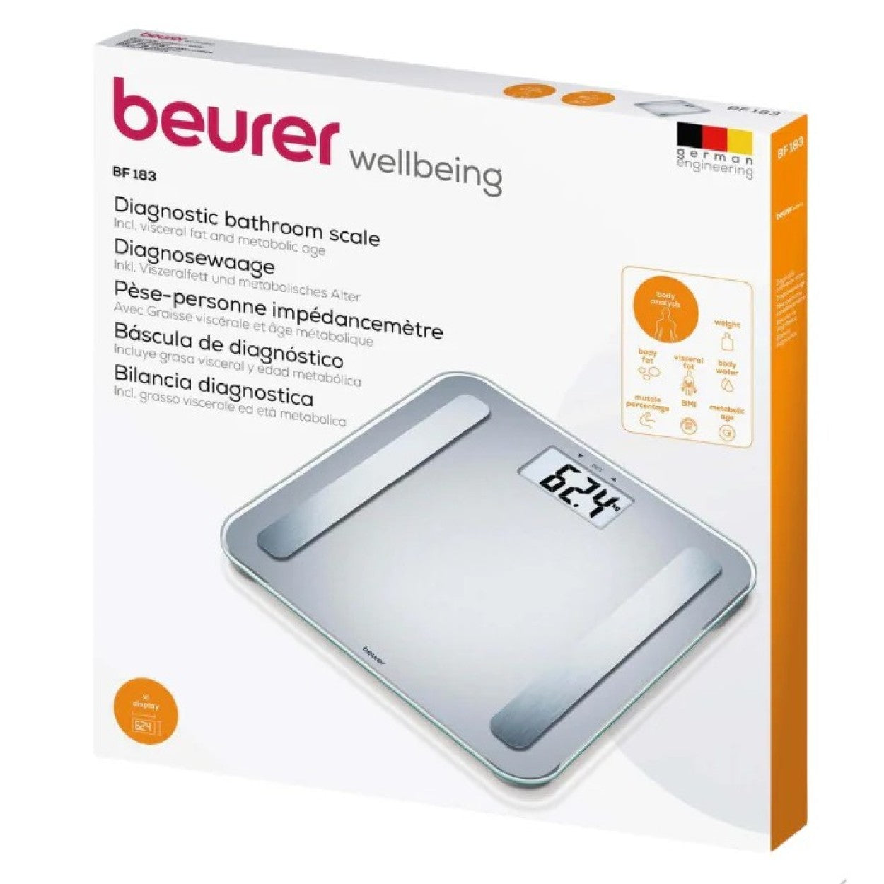 Beurer BF 183 Diagnostic Bathroom Scale for Measurement of Weight, Body Fat, BMI, Muscle Percentage, Visceral Fat & Metabolic Age - Silver