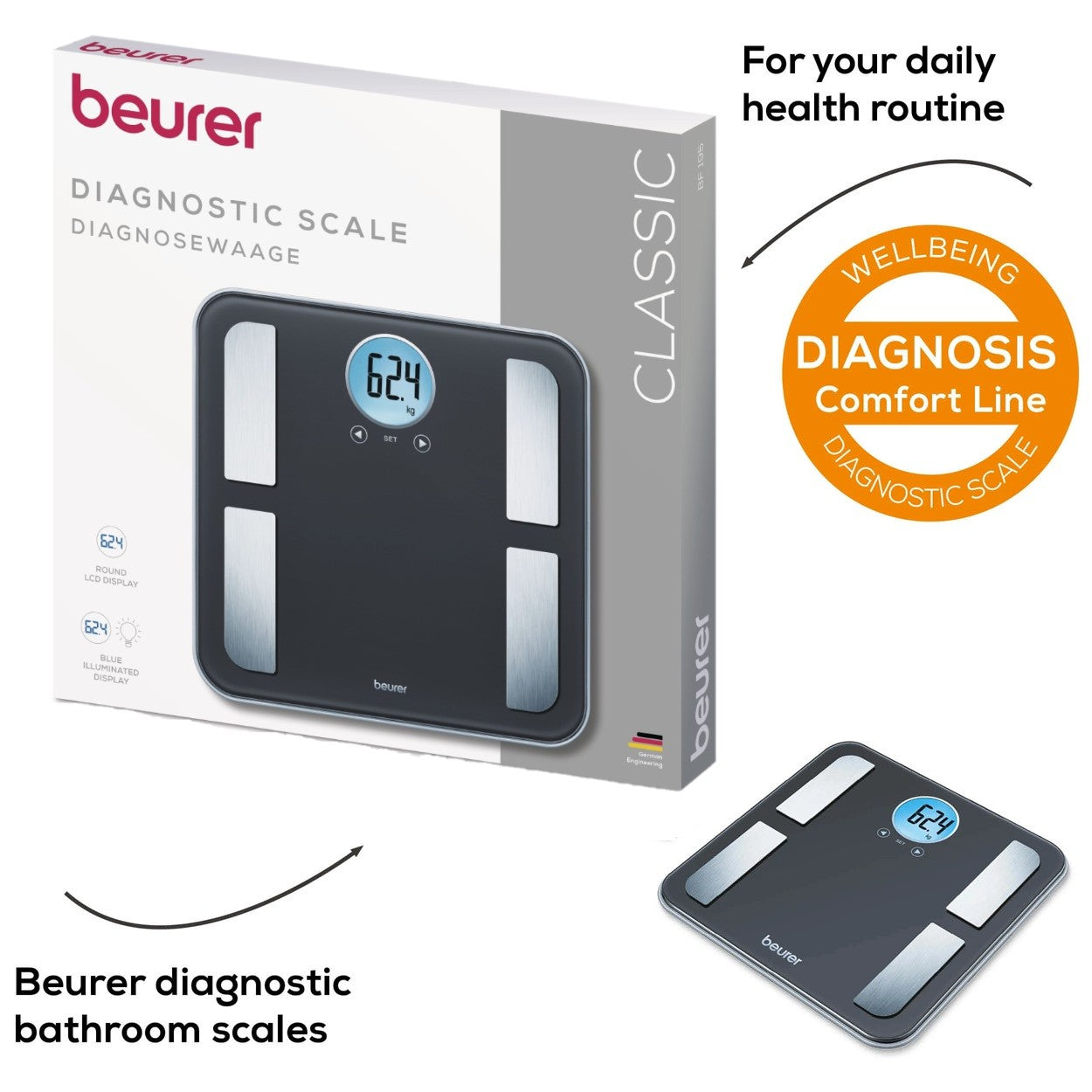 Beurer BF 195 | Diagnostic Bathroom Scale | Calculate Weight, BMI, Body Fat, Water, Muscle, Bone Mass & AMR Calories