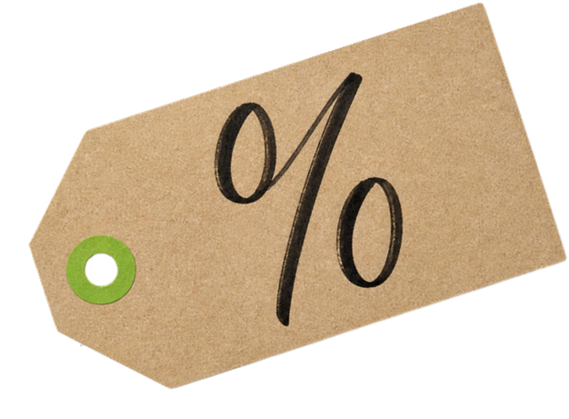 A kraft paper price tag with a percent sign