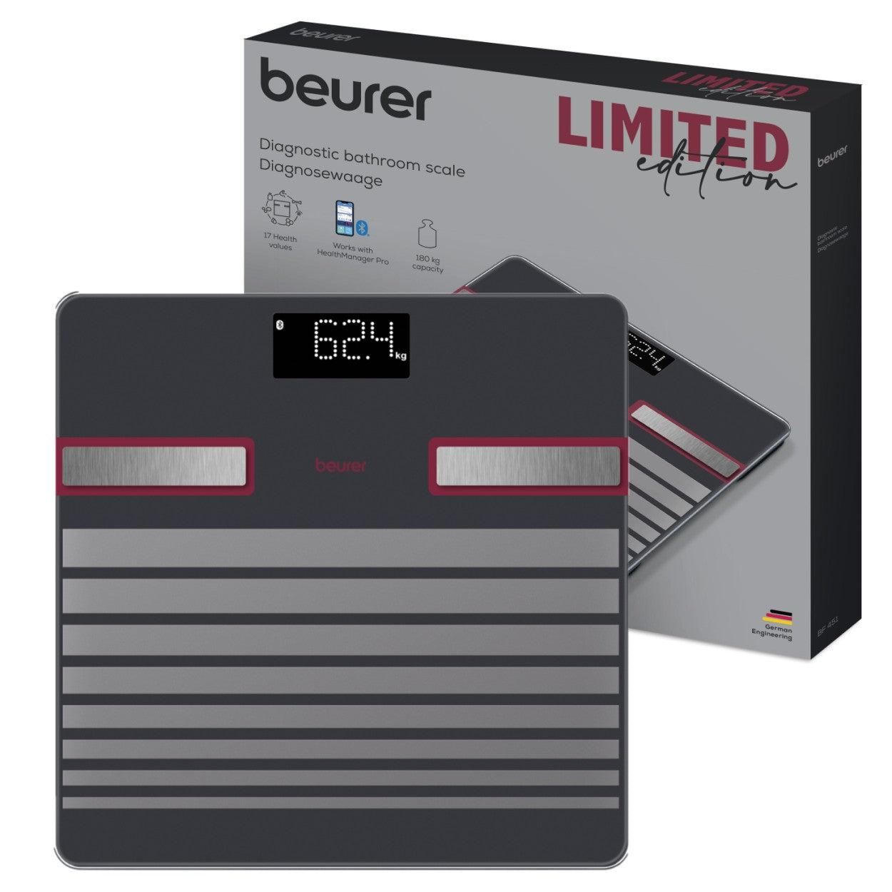 Beurer BF 451 LE25 Diagnostic Bathroom Scale | Bluetooth & App | Weight, BMI, Body Fat, Water, Muscle, Bone & More