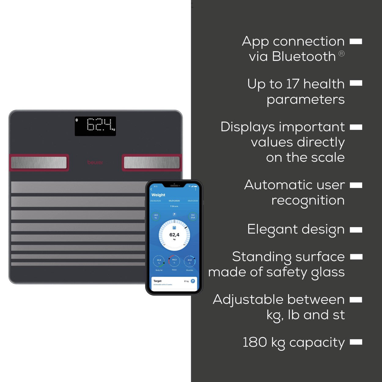 Beurer BF 451 LE25 Diagnostic Bathroom Scale | Bluetooth & App | Weight, BMI, Body Fat, Water, Muscle, Bone & More