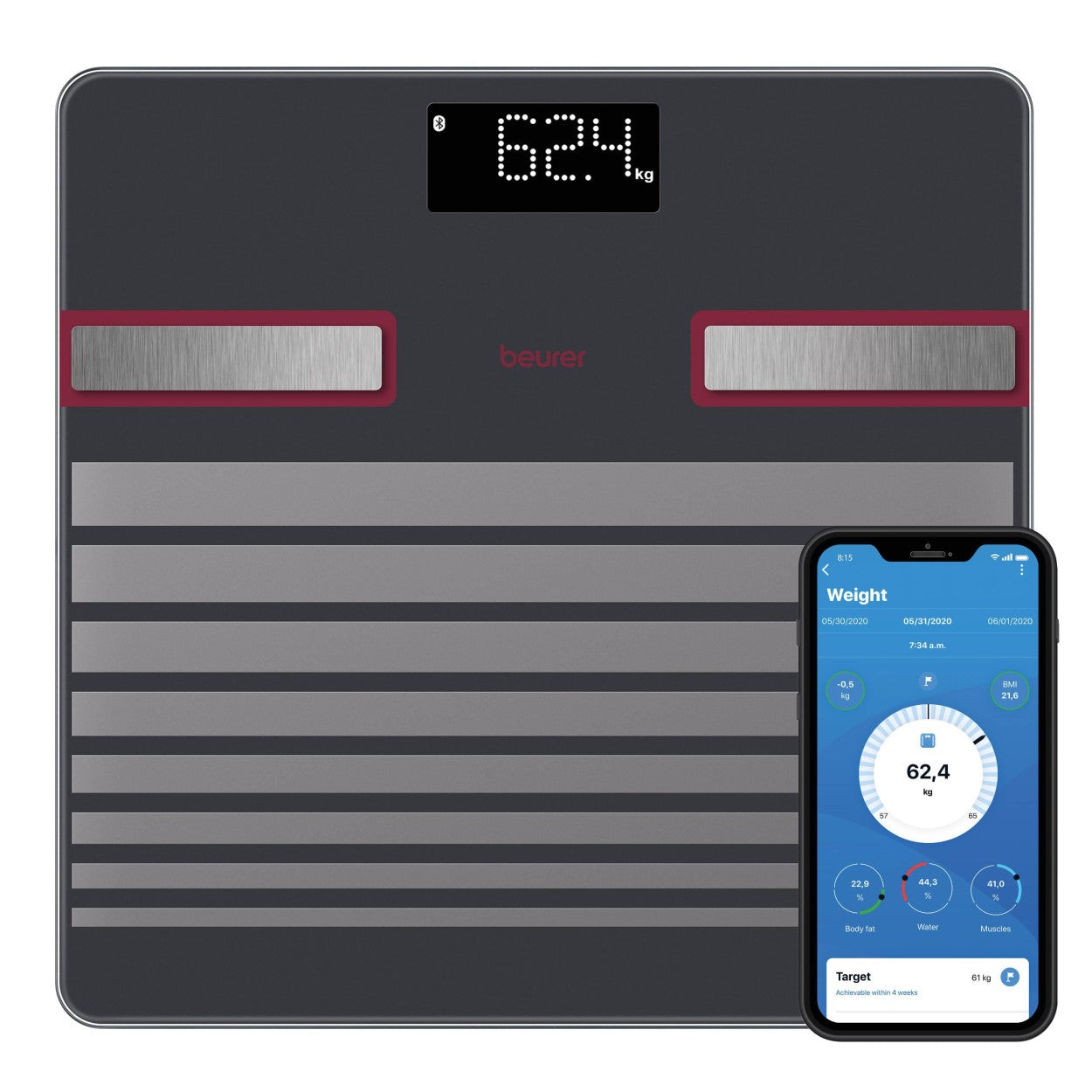 Beurer BF 451 LE25 Diagnostic Bathroom Scale | Bluetooth & App | Weight, BMI, Body Fat, Water, Muscle, Bone & More