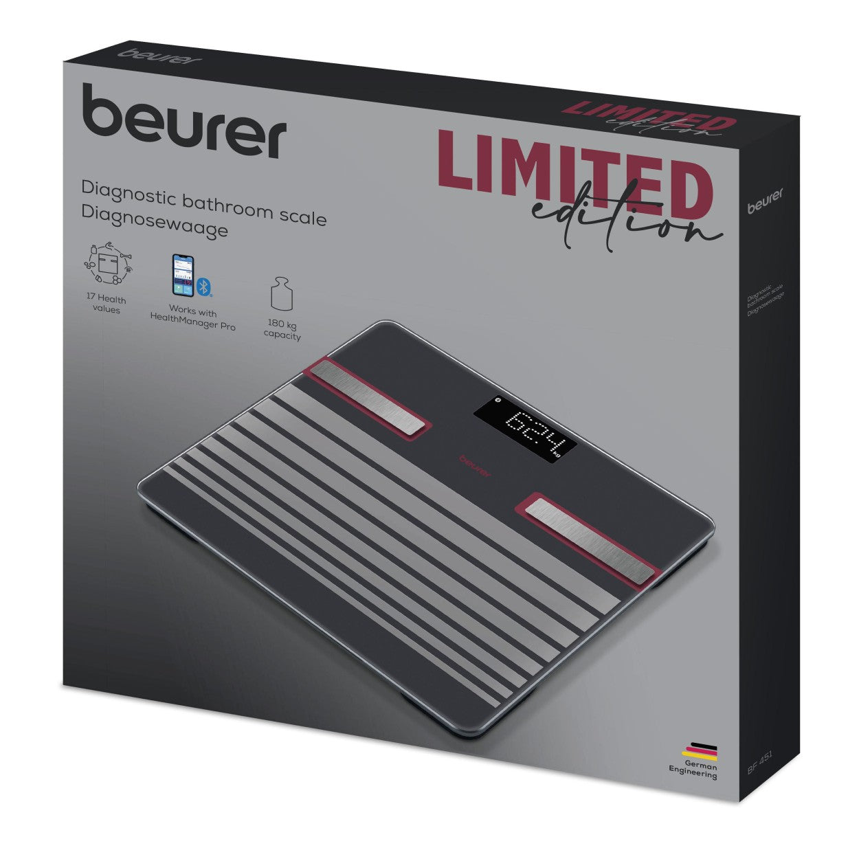 Beurer BF 451 LE25 Diagnostic Bathroom Scale | Bluetooth & App | Weight, BMI, Body Fat, Water, Muscle, Bone & More