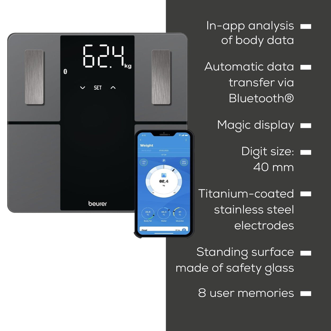 Beurer BF 500 Diagnostic Digital Scale | BMI Scale | Body Fat Scale with Bluetooth & App in Super Black