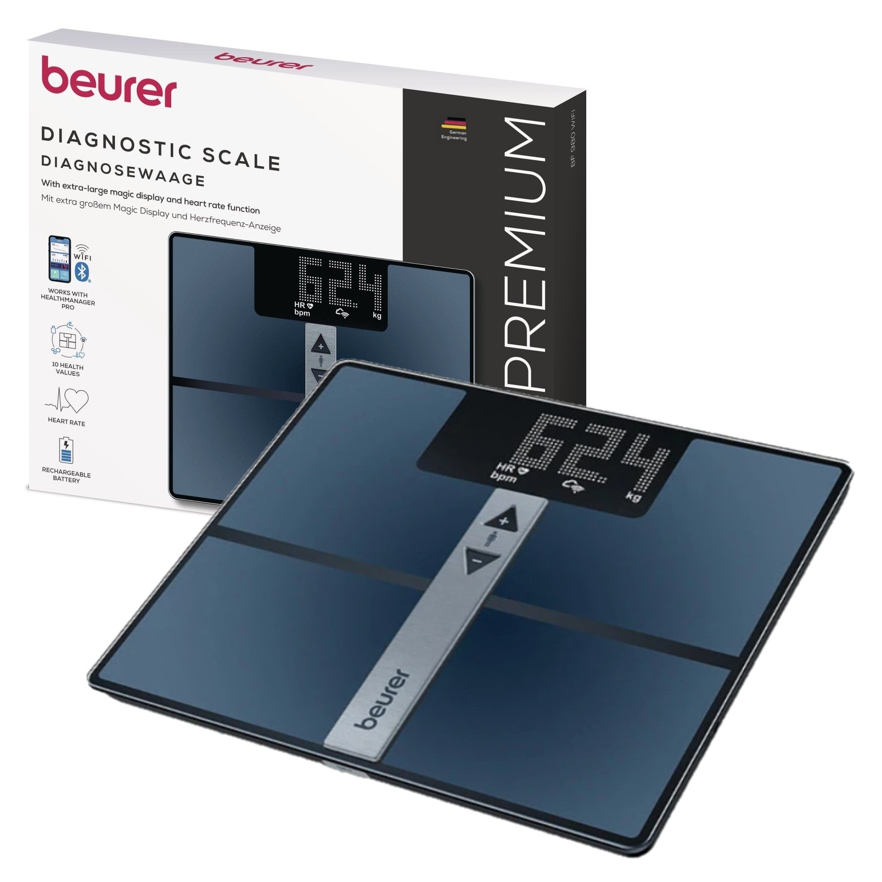 Beurer BF 980 WIFI Diagnostic Bathroom Scale | BMI, Fat, Muscle, Heart Rate & More| Monitor via App | USB Recharged