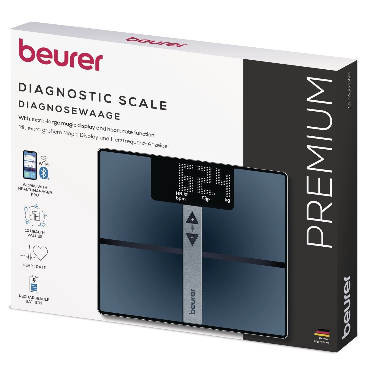 Beurer BF 980 WIFI Diagnostic Bathroom Scale | BMI, Fat, Muscle, Heart Rate & More| Monitor via App | USB Recharged
