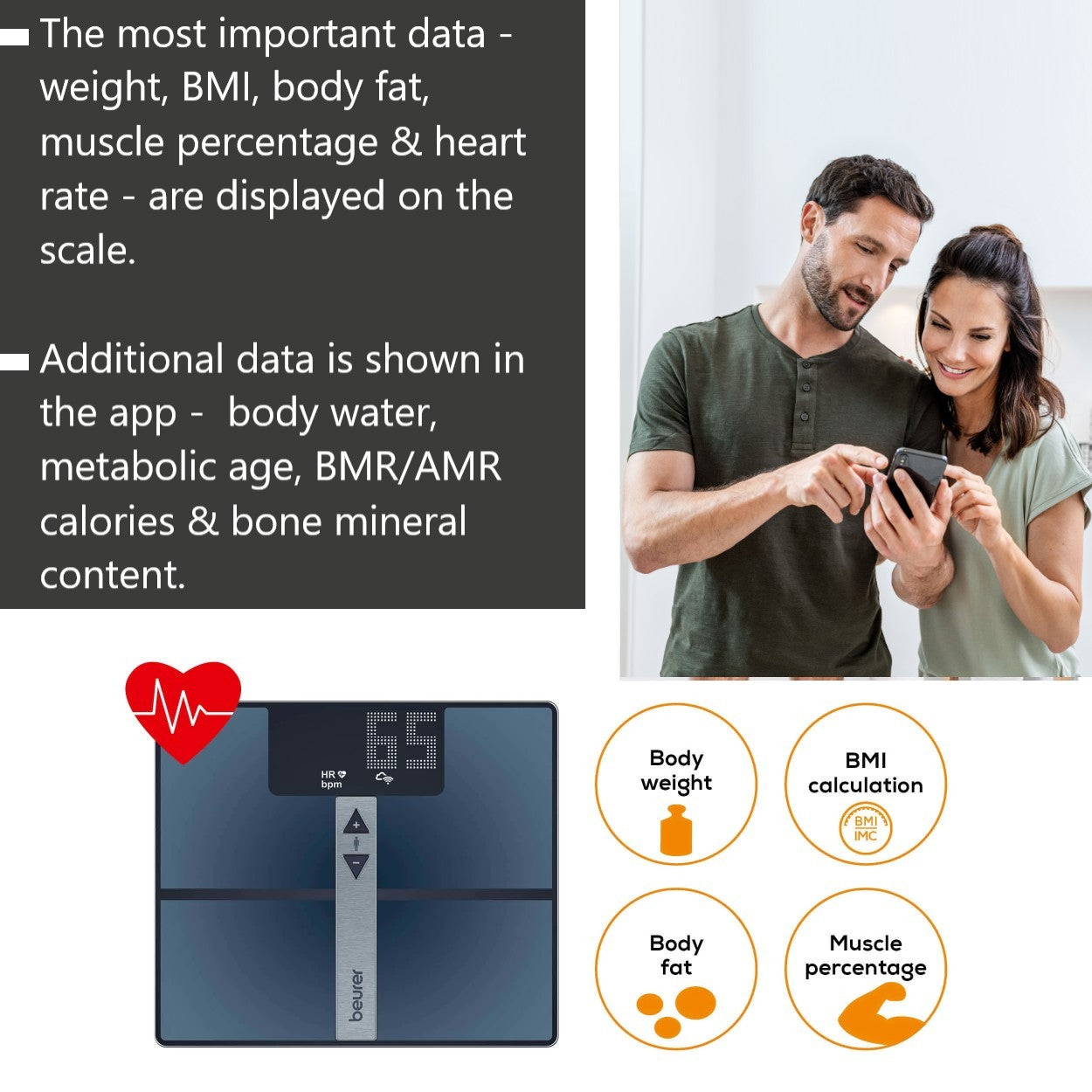 Beurer BF 980 WIFI Diagnostic Bathroom Scale | BMI, Fat, Muscle, Heart Rate & More| Monitor via App | USB Recharged