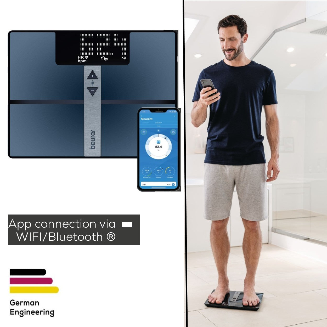 Beurer BF 980 WIFI Diagnostic Bathroom Scale | BMI, Fat, Muscle, Heart Rate & More| Monitor via App | USB Recharged