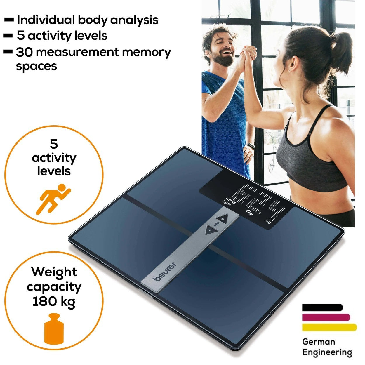 Beurer BF 980 WIFI Diagnostic Bathroom Scale | BMI, Fat, Muscle, Heart Rate & More| Monitor via App | USB Recharged