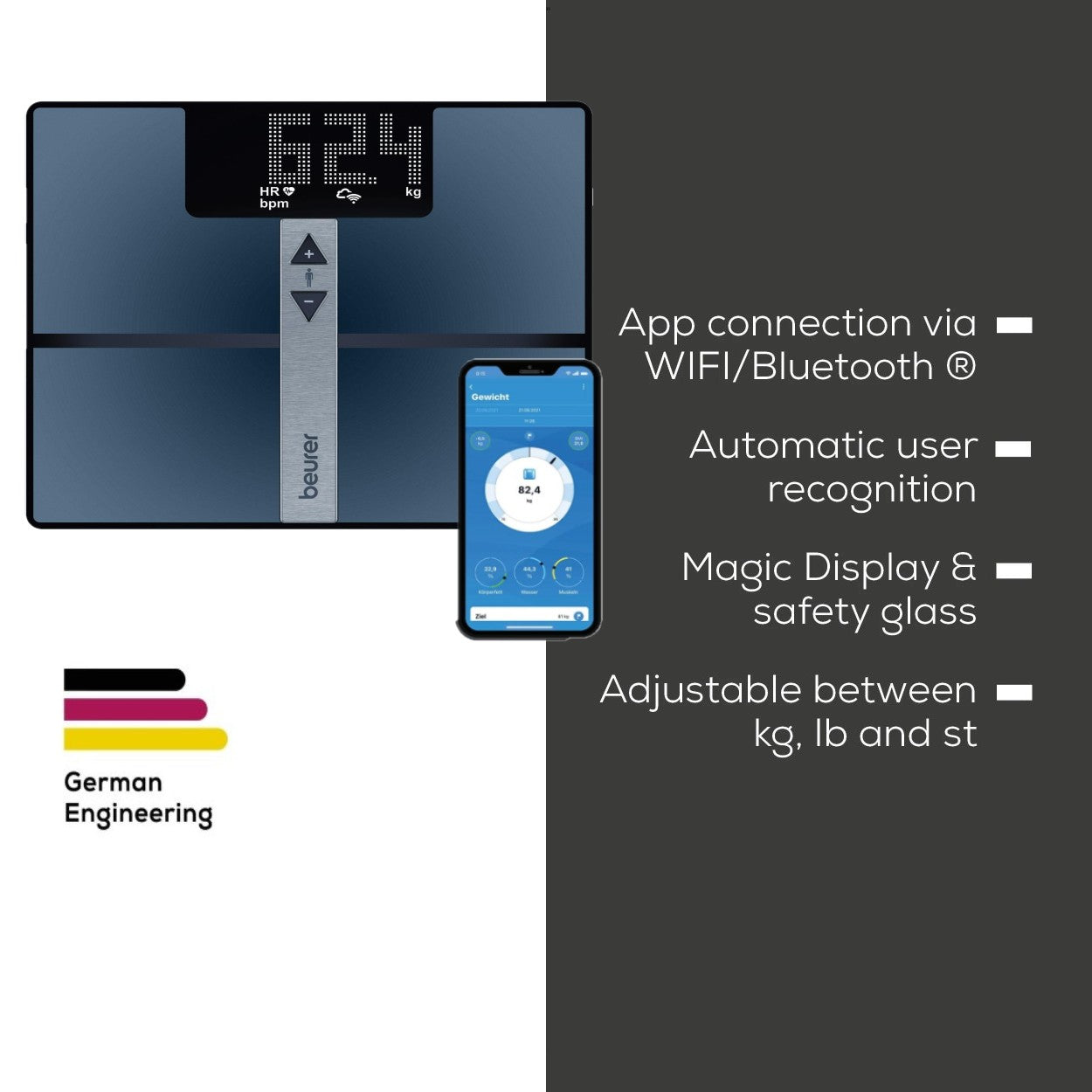 Beurer BF 980 WIFI Diagnostic Bathroom Scale | BMI, Fat, Muscle, Heart Rate & More| Monitor via App | USB Recharged