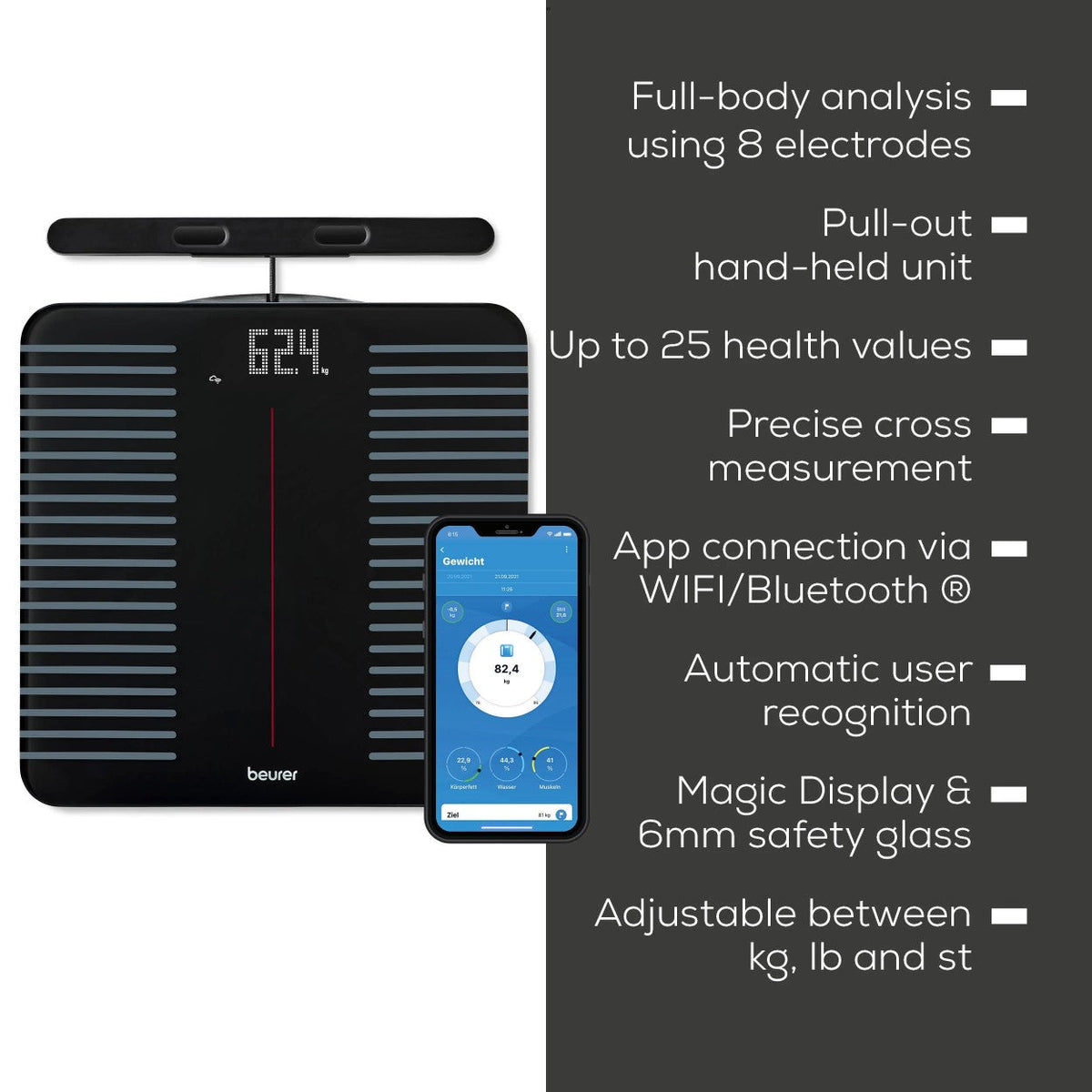 Beurer Germany WIFI Diagnostic Bathroom Scale with Full-Body Analysis on 25 Metrics | BF 990