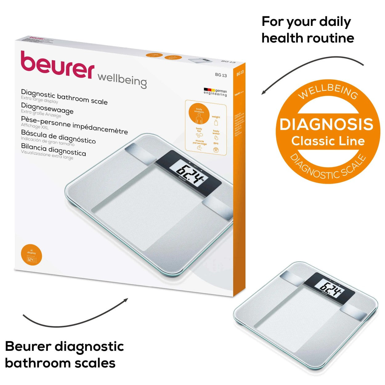 Beurer Diagnostic Bathroom Scale | BG 13 | Measures Weight, Fat, Water, Muscle & BMI