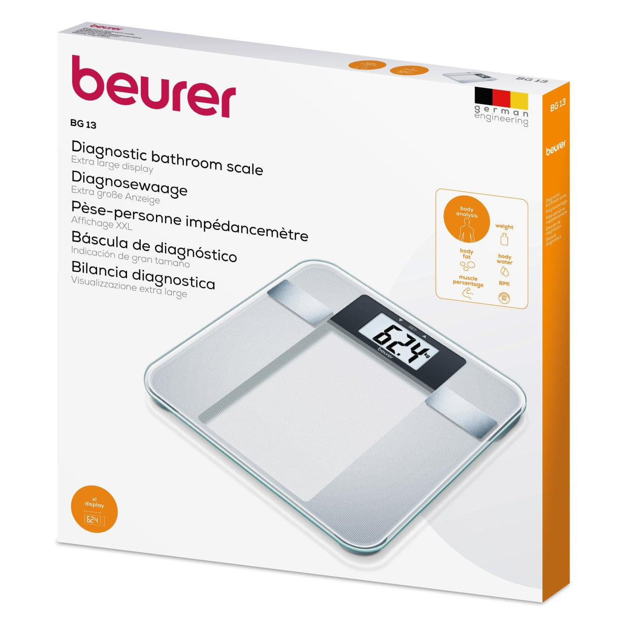 Beurer Diagnostic Bathroom Scale | BG 13 | Measures Weight, Fat, Water, Muscle & BMI
