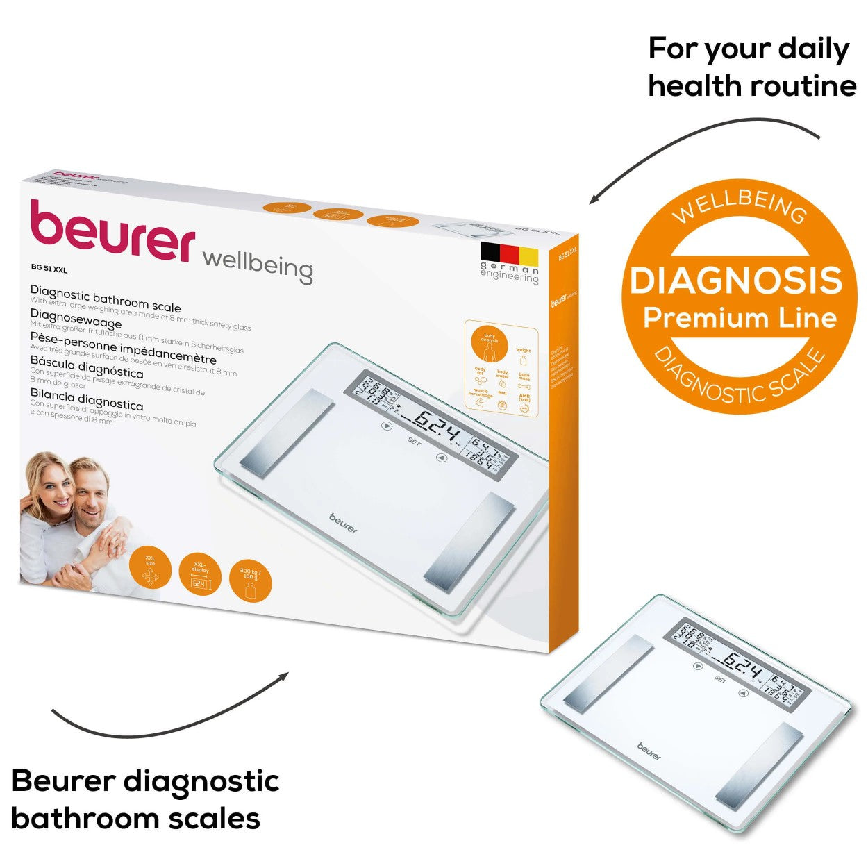 Beurer BG 51 XXL Diagnostic Bathroom Scale | BMI, Fat, Water, Muscle, Bone Mass, AMR | Weight to 200kg