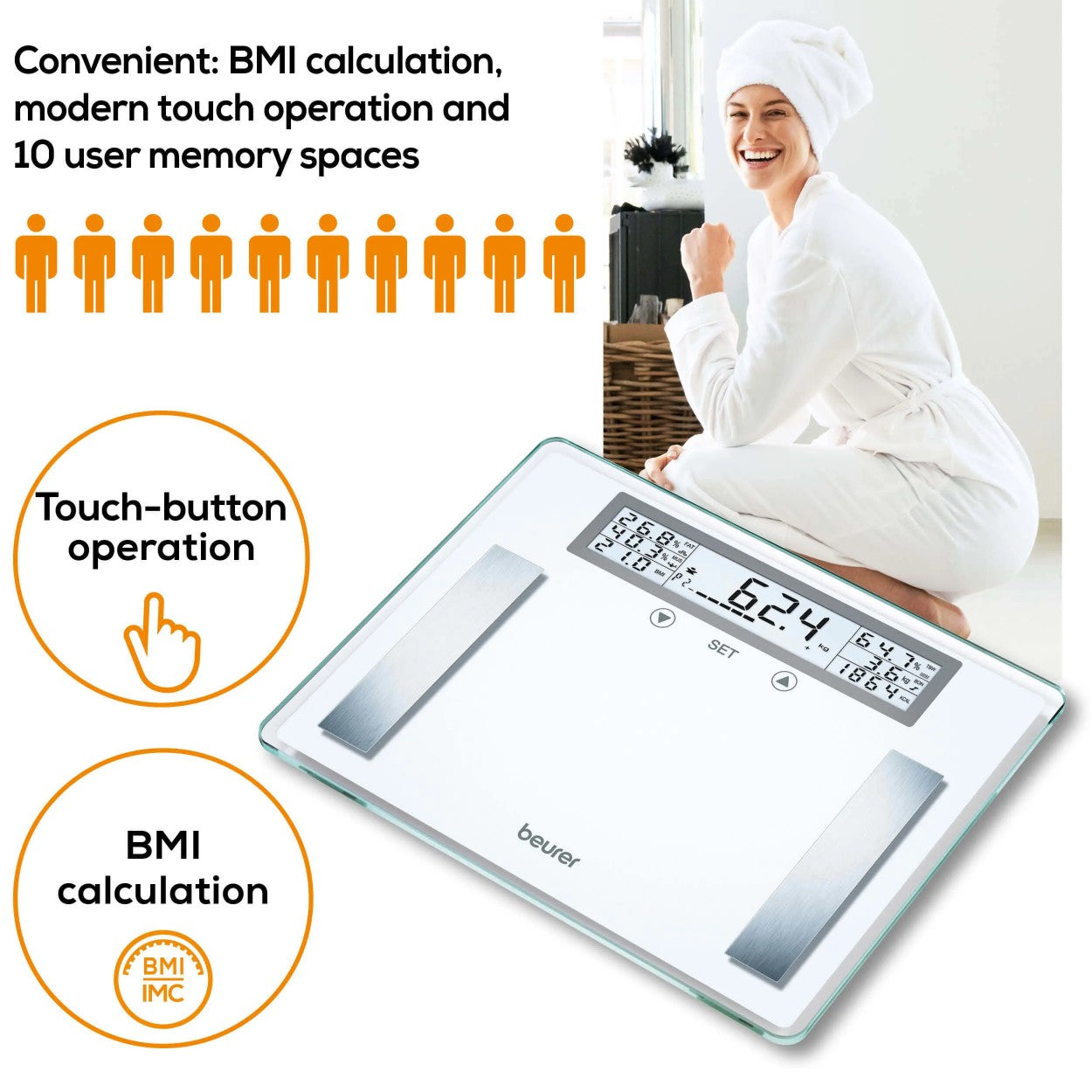 Beurer BG 51 XXL Diagnostic Bathroom Scale | BMI, Fat, Water, Muscle, Bone Mass, AMR | Weight to 200kg
