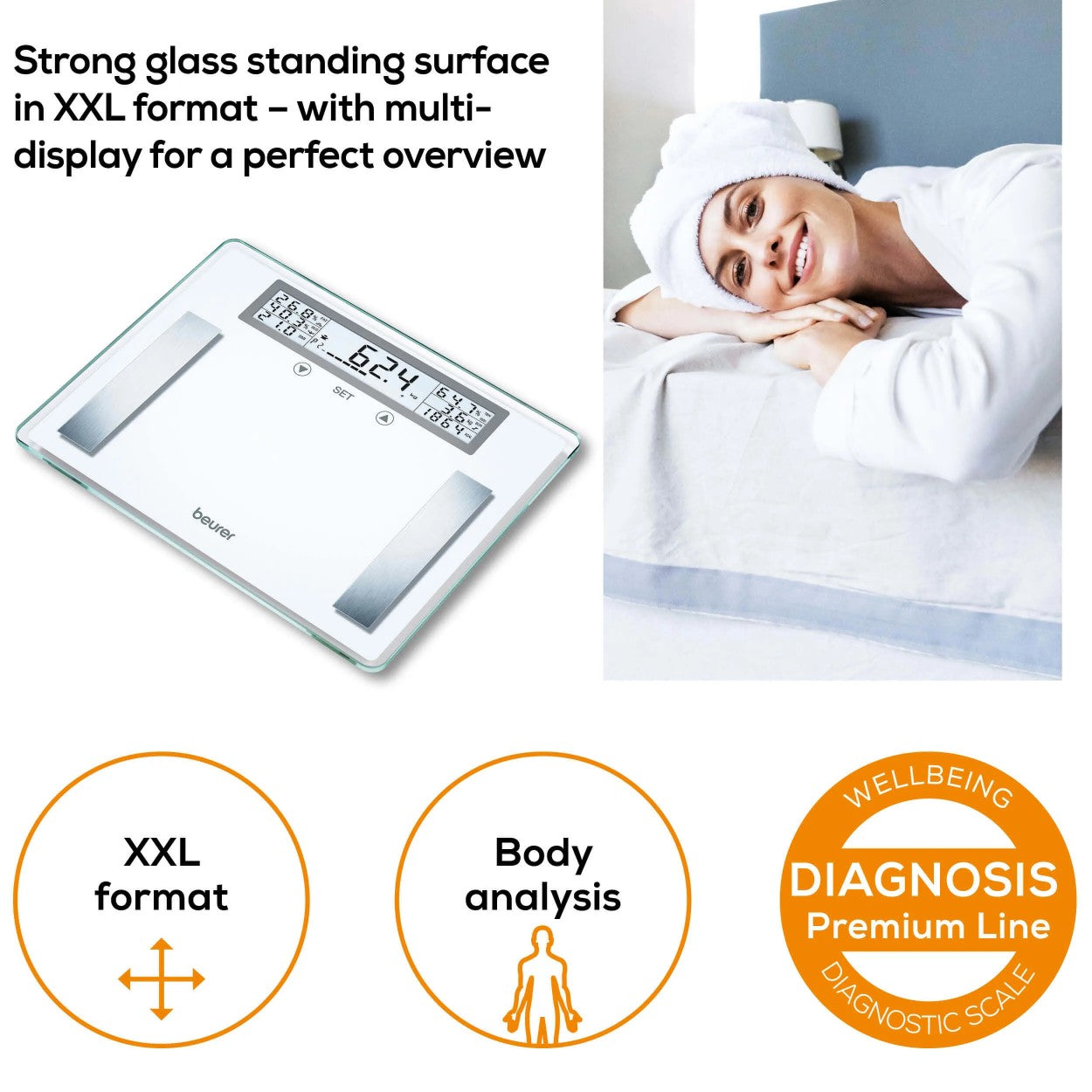 Beurer BG 51 XXL Diagnostic Bathroom Scale | BMI, Fat, Water, Muscle, Bone Mass, AMR | Weight to 200kg