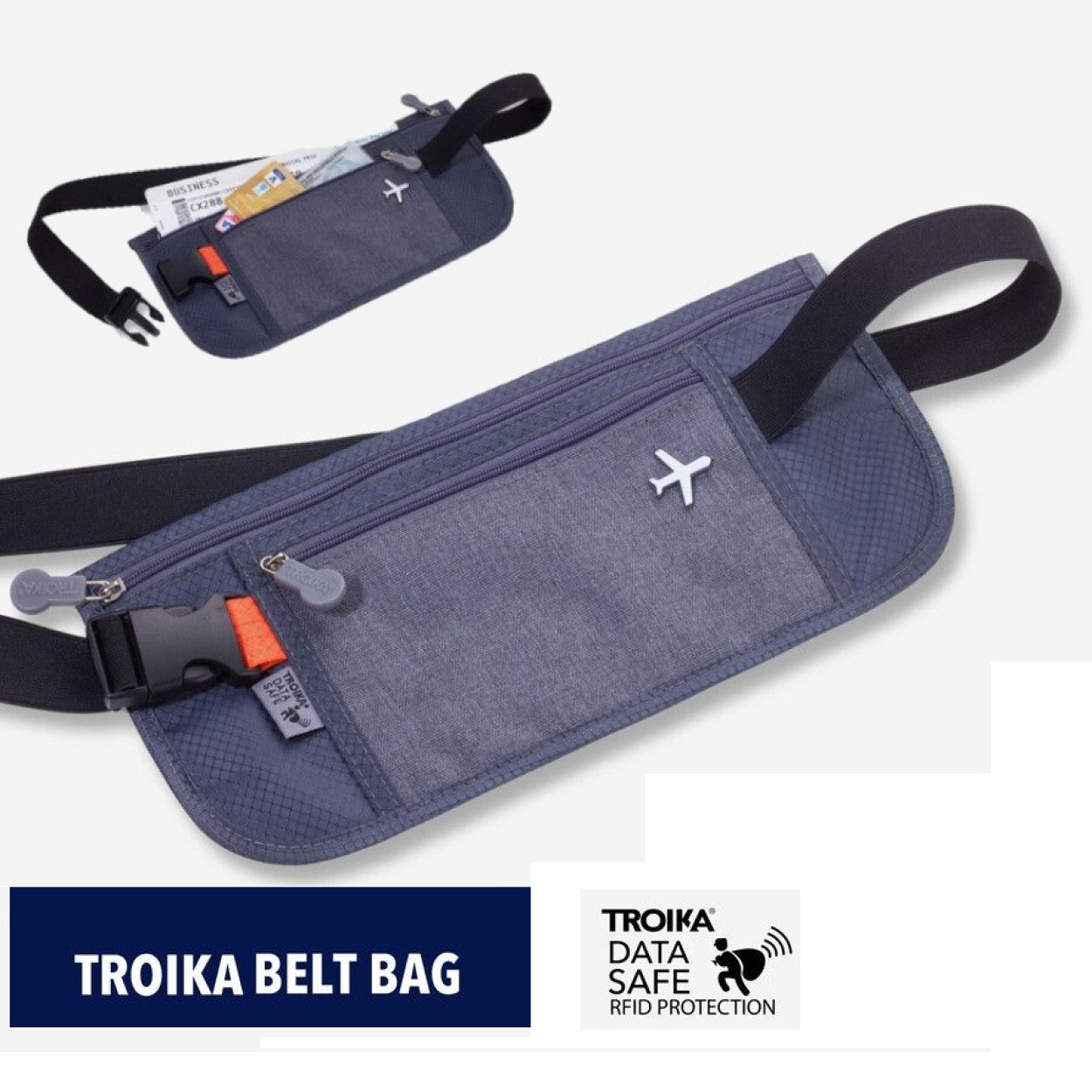 TROIKA Belt Bag | Travel Waist Bag | 2 Compartments. RFID Protection for Travel Documents & Cards | Grey