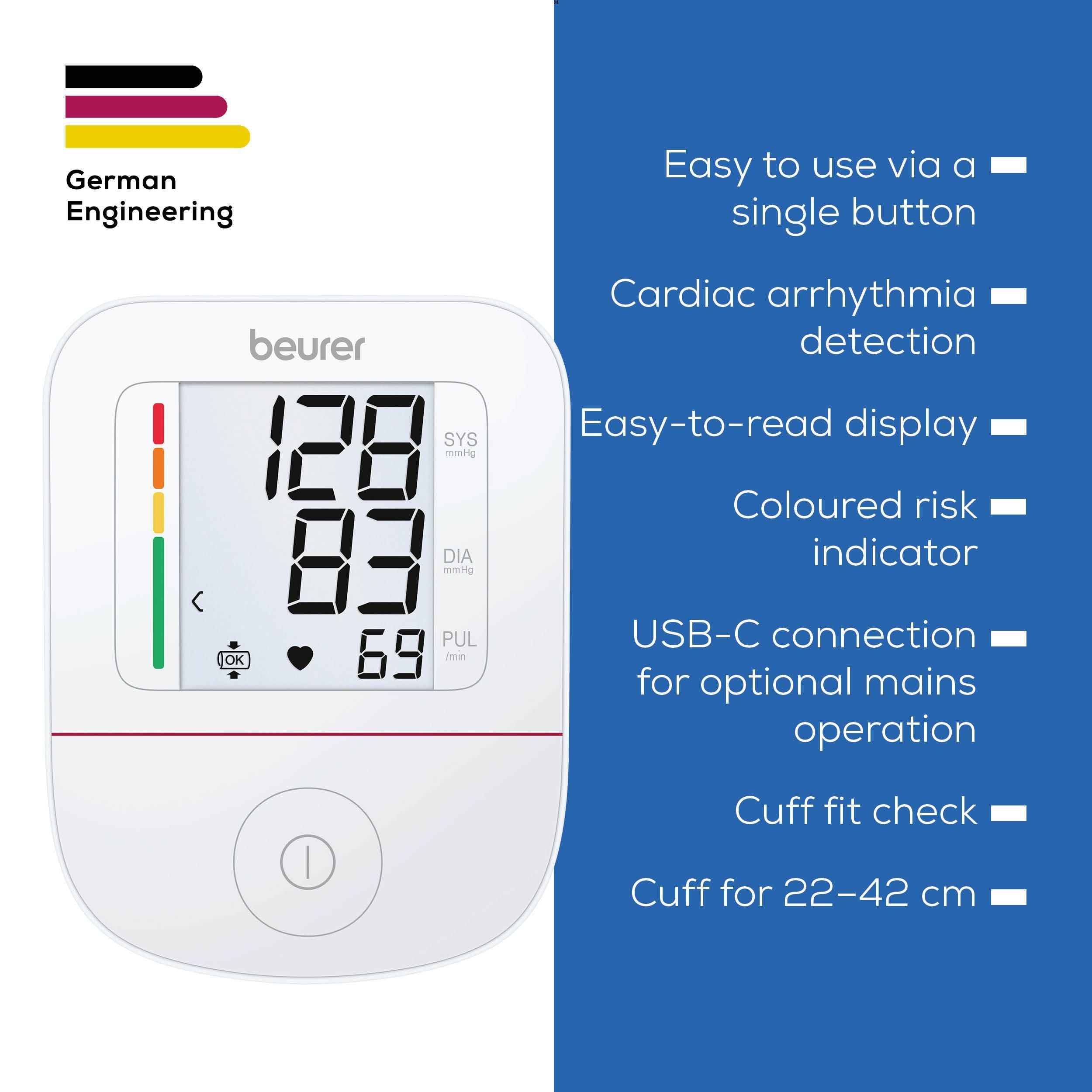 Beurer Germany Blood Pressure Monitor | Upper Arm Cuff 22-42cm | Arrhythmia Detection & Large Display | Reliable Home BP Tracking for Adults | BM 23