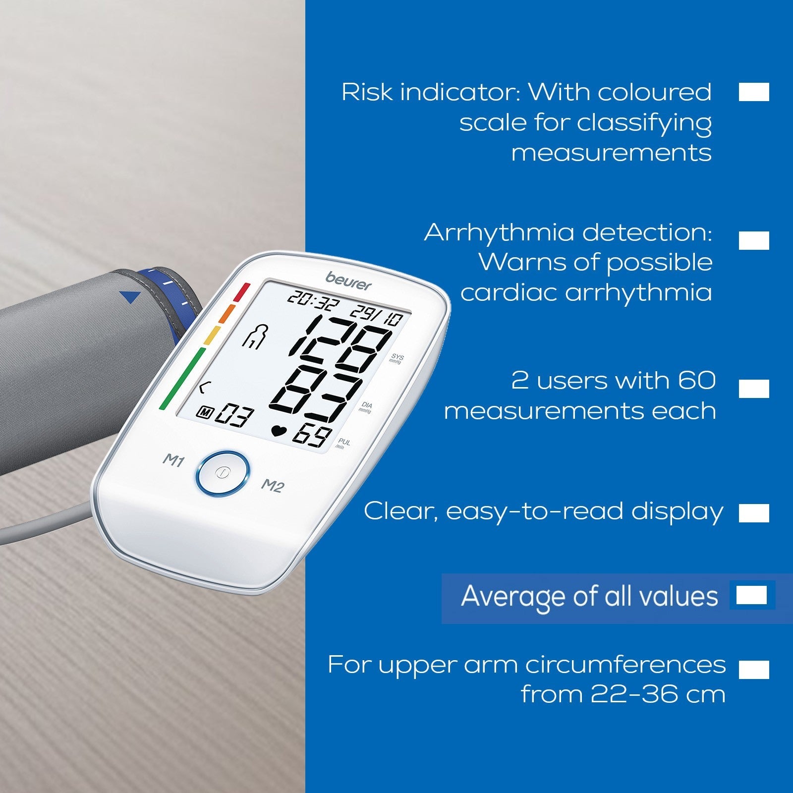 Beurer Germany BM 45 Upper Arm Blood Pressure Monitor | XL Illuminated Display | Touch Sensor Buttons