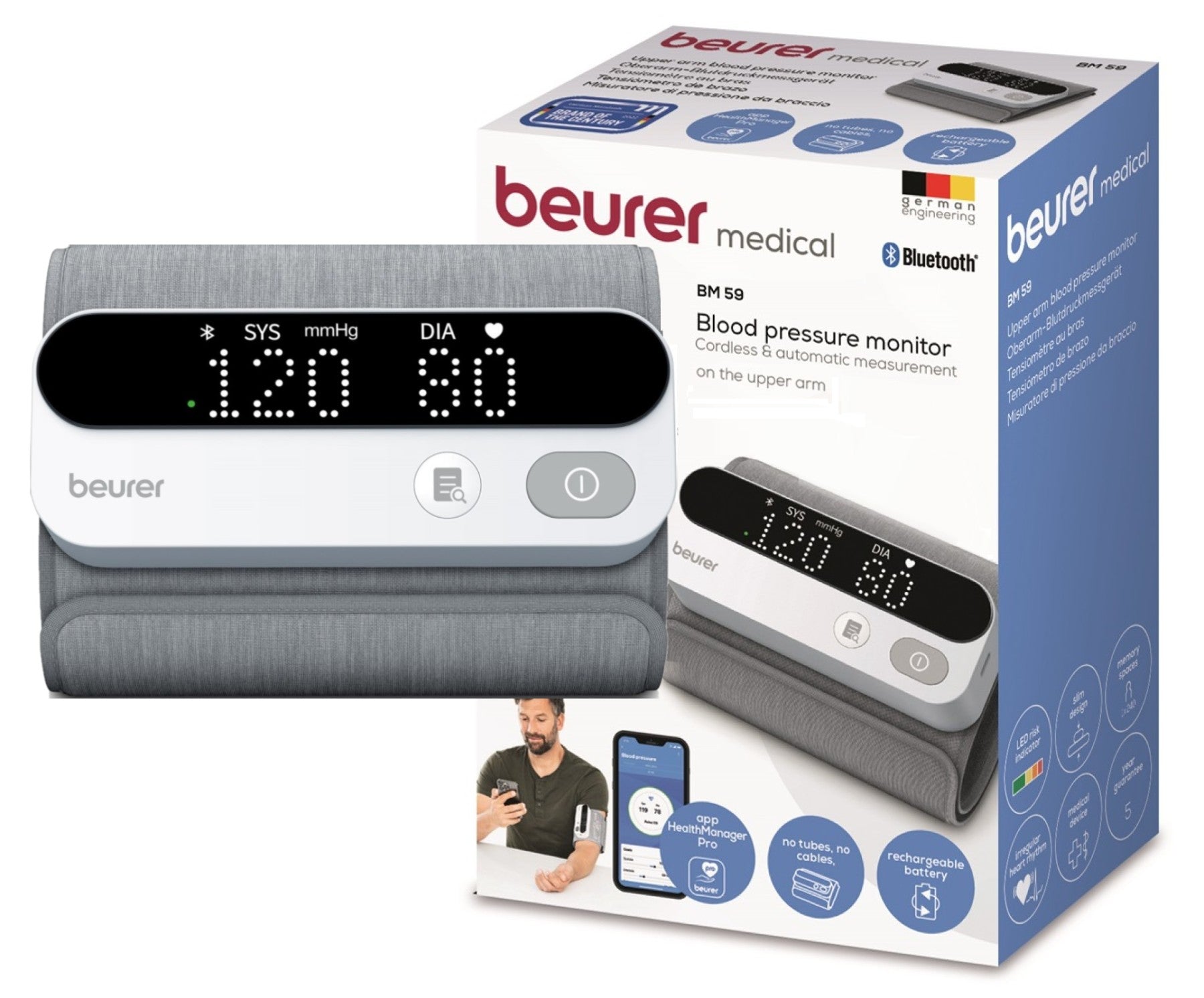 Beurer Germany Blood Pressure Monitor with Integrated Upper Arm Cuff 22-42cm | USB Rechargeable | Bluetooth Enabled with App | Arrhythmia Detection | BM 59