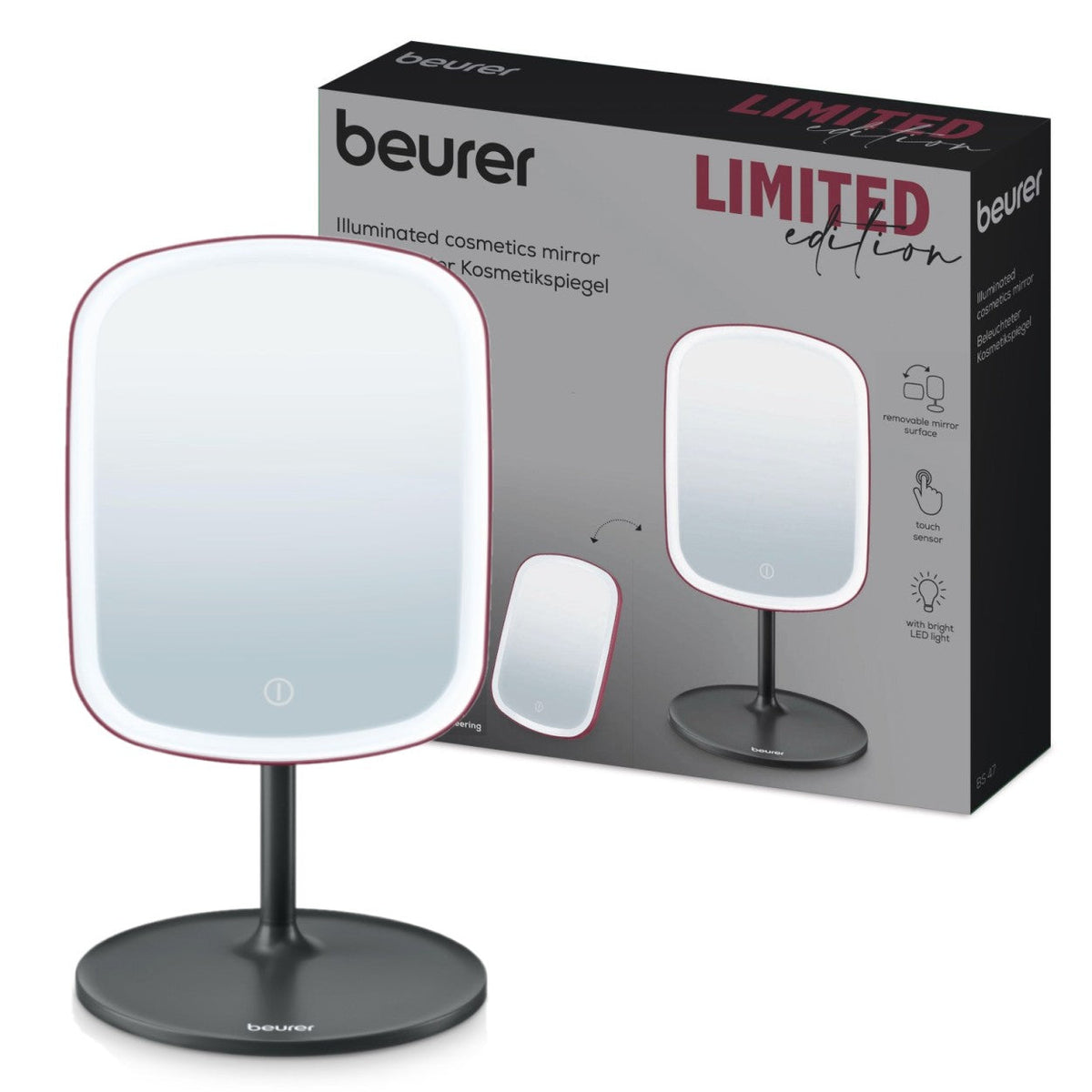 Beurer Germany Cosmetic Mirror - Removable Stand & Storage Tray - USB-C Rechargeable Light - Black & Cherry
