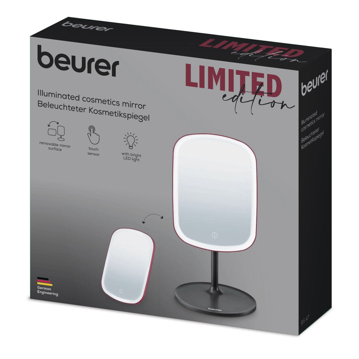 Beurer Germany Cosmetic Mirror - Removable Stand & Storage Tray - USB-C Rechargeable Light - Black & Cherry