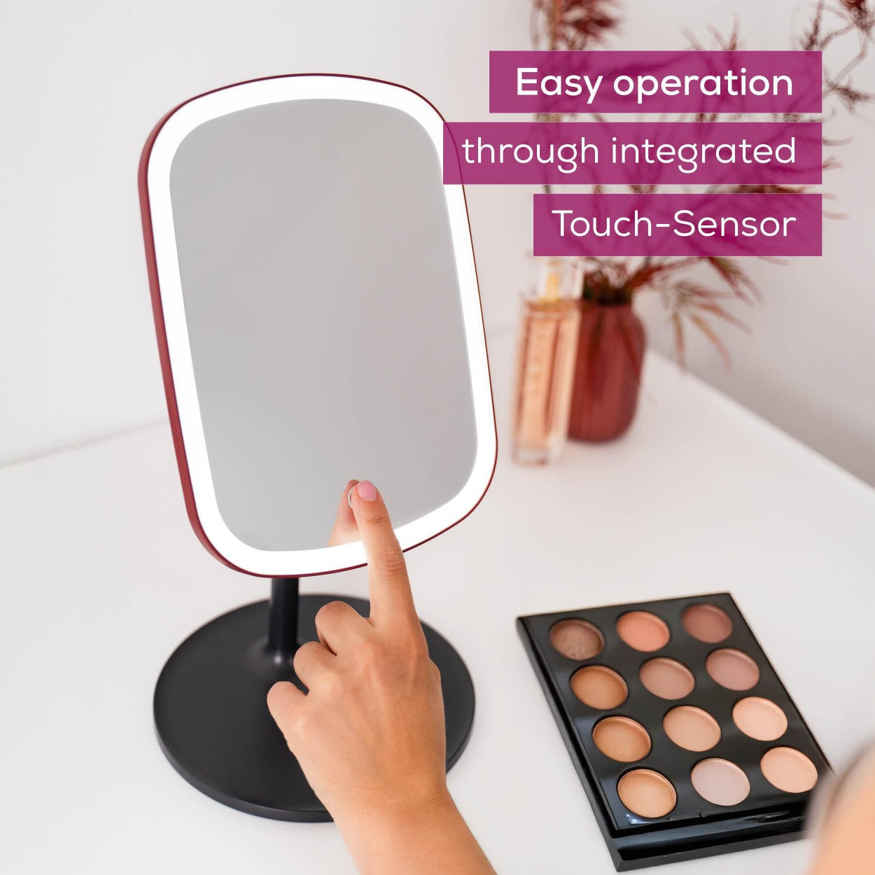 Beurer BS 47 LE25 Makeup Mirror with Light, Removable Stand & Storage Tray | Rechargeable | Black & Cherry