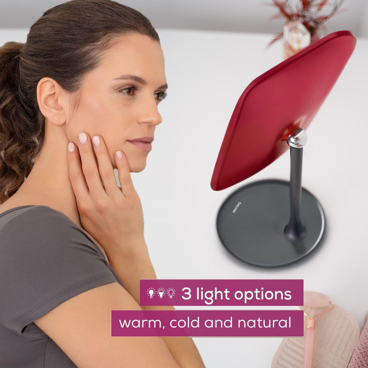 Beurer Germany Cosmetic Mirror - Removable Stand & Storage Tray - USB-C Rechargeable Light - Black & Cherry