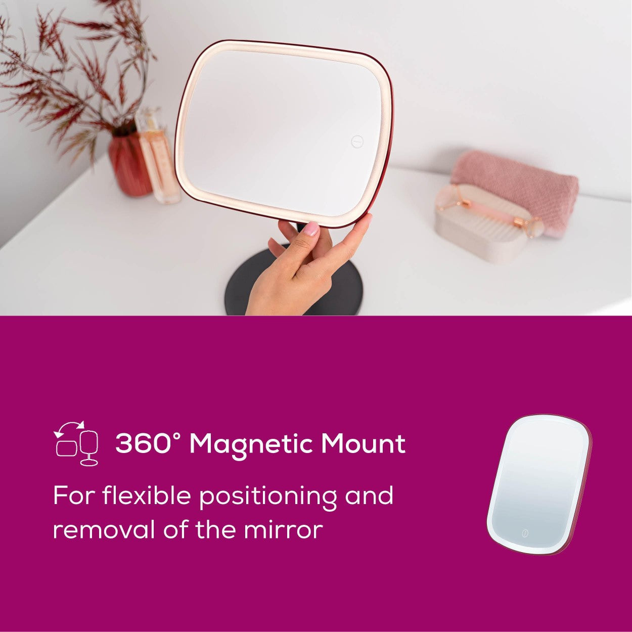 Beurer Germany Cosmetic Mirror - Removable Stand & Storage Tray - USB-C Rechargeable Light - Black & Cherry