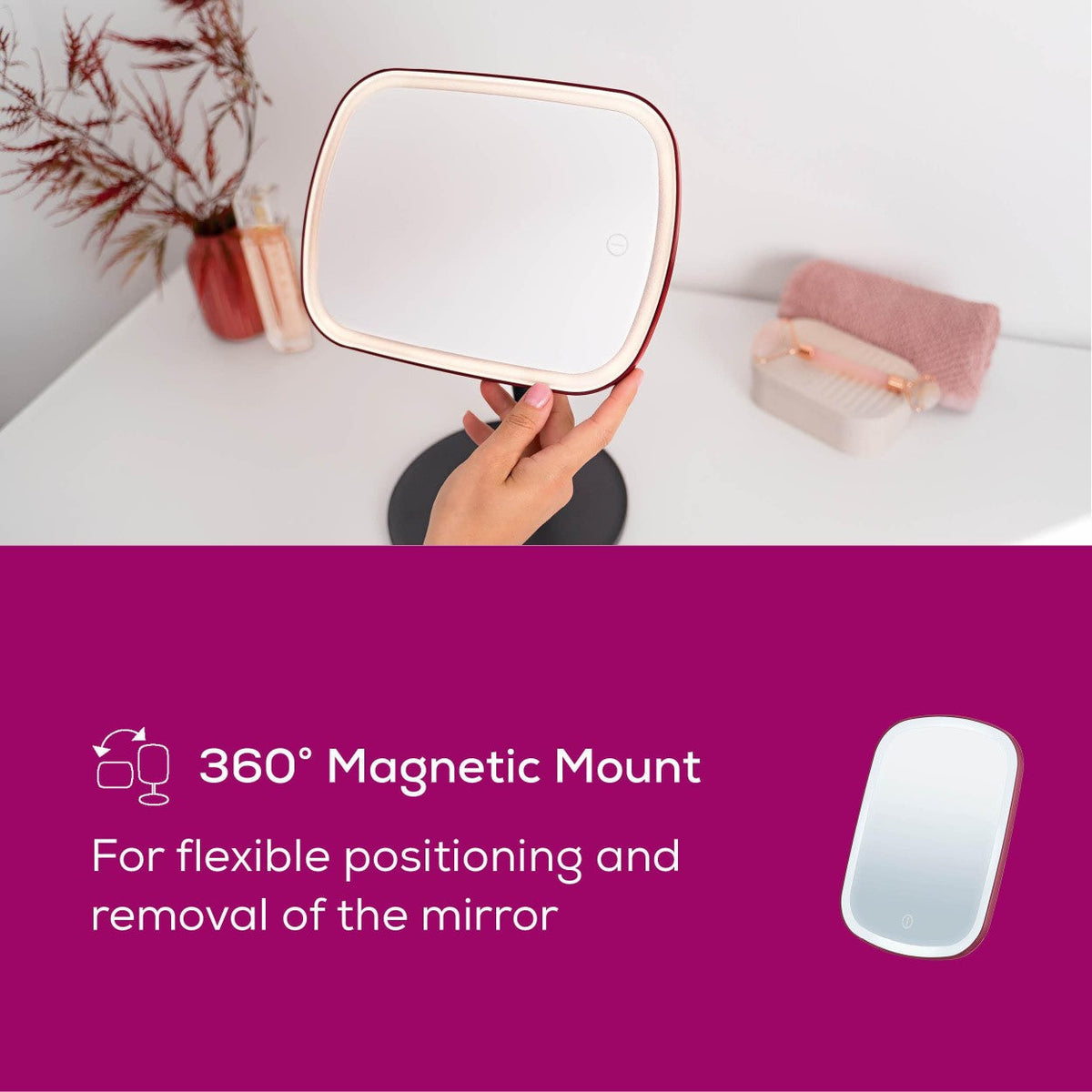 Beurer Germany Cosmetic Mirror - Removable Stand & Storage Tray - USB-C Rechargeable Light - Black & Cherry