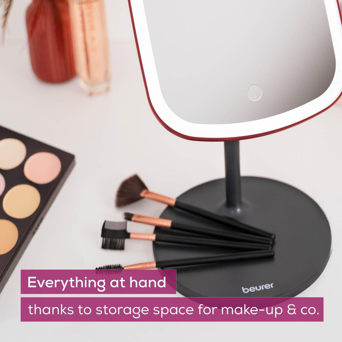 Beurer Germany Cosmetic Mirror - Removable Stand & Storage Tray - USB-C Rechargeable Light - Black & Cherry