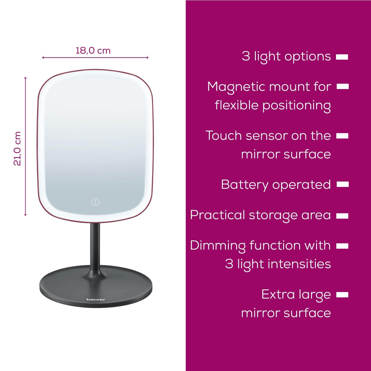 Beurer Germany Cosmetic Mirror - Removable Stand & Storage Tray - USB-C Rechargeable Light - Black & Cherry