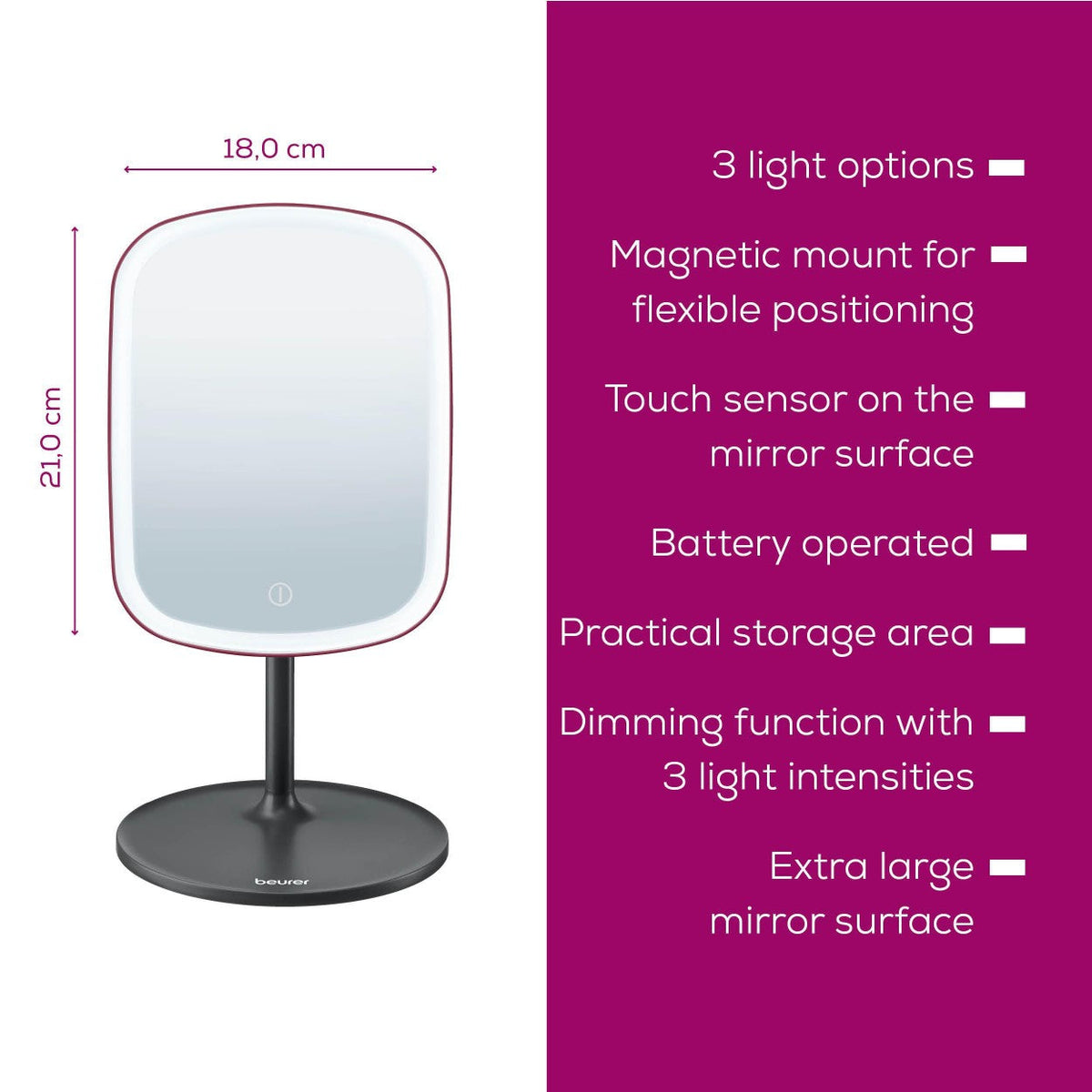 Beurer Germany Cosmetic Mirror - Removable Stand & Storage Tray - USB-C Rechargeable Light - Black & Cherry