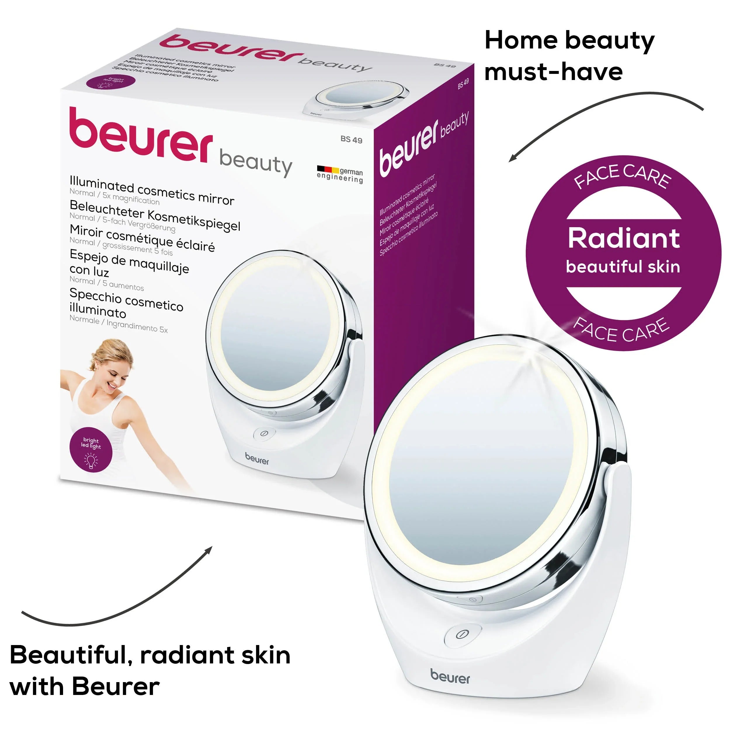 Beurer Germany BS 49 Illuminated Cosmetic Makeup Mirror with LED Lights & 5X Magnification Mirror