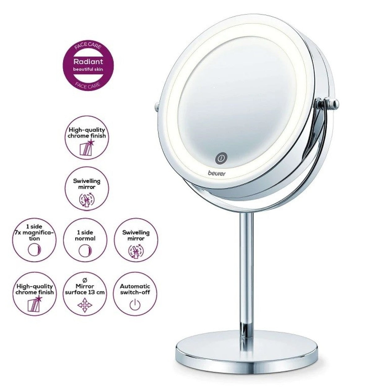 Beurer BS 55 Illuminated Cosmetics Mirror / Makeup Mirror: LED Light. Normal or 7x Magnification. 13cm
