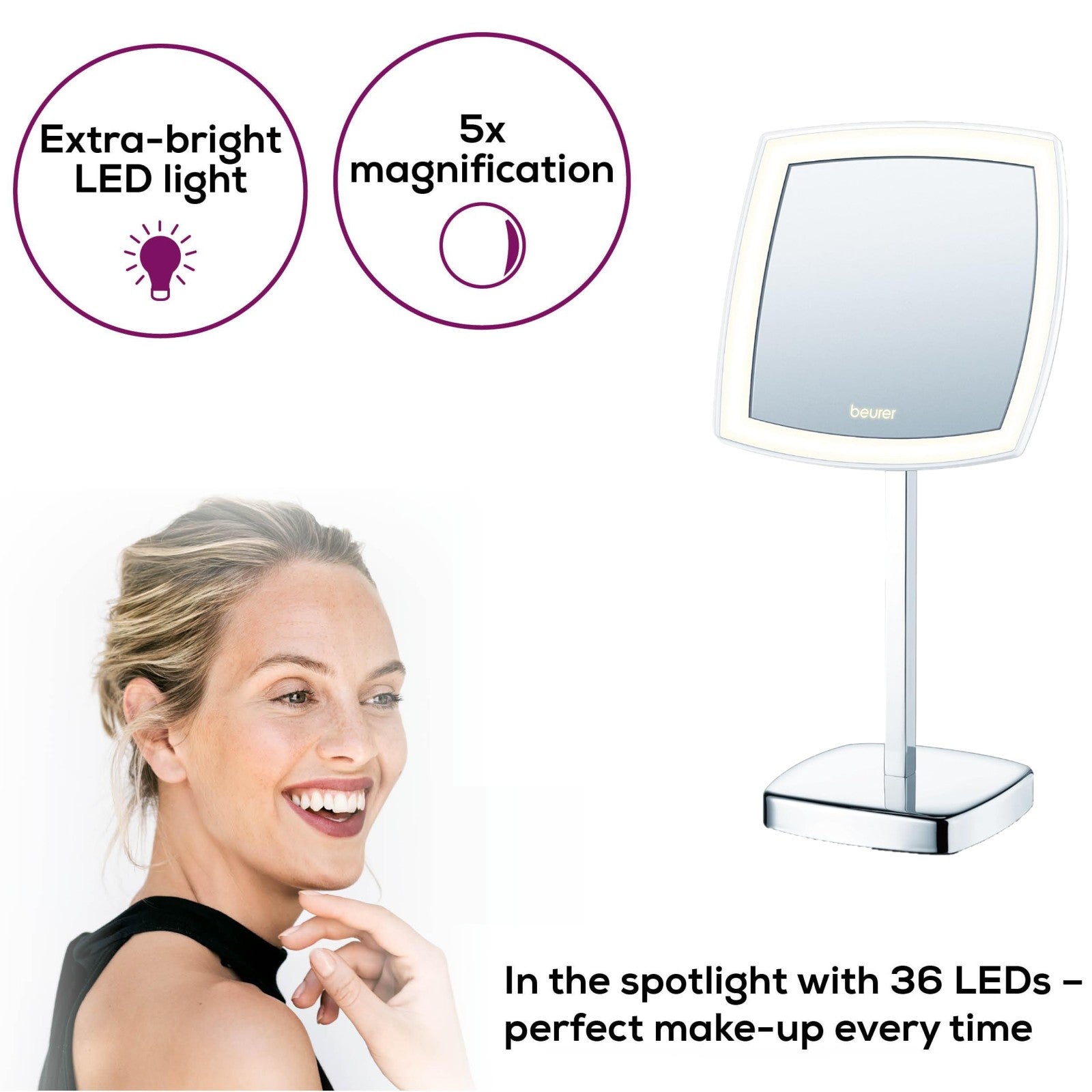 Beurer Germany LED Cosmetic Mirror | 5X Magnification. Bright Adjustable LED Light | BS 99